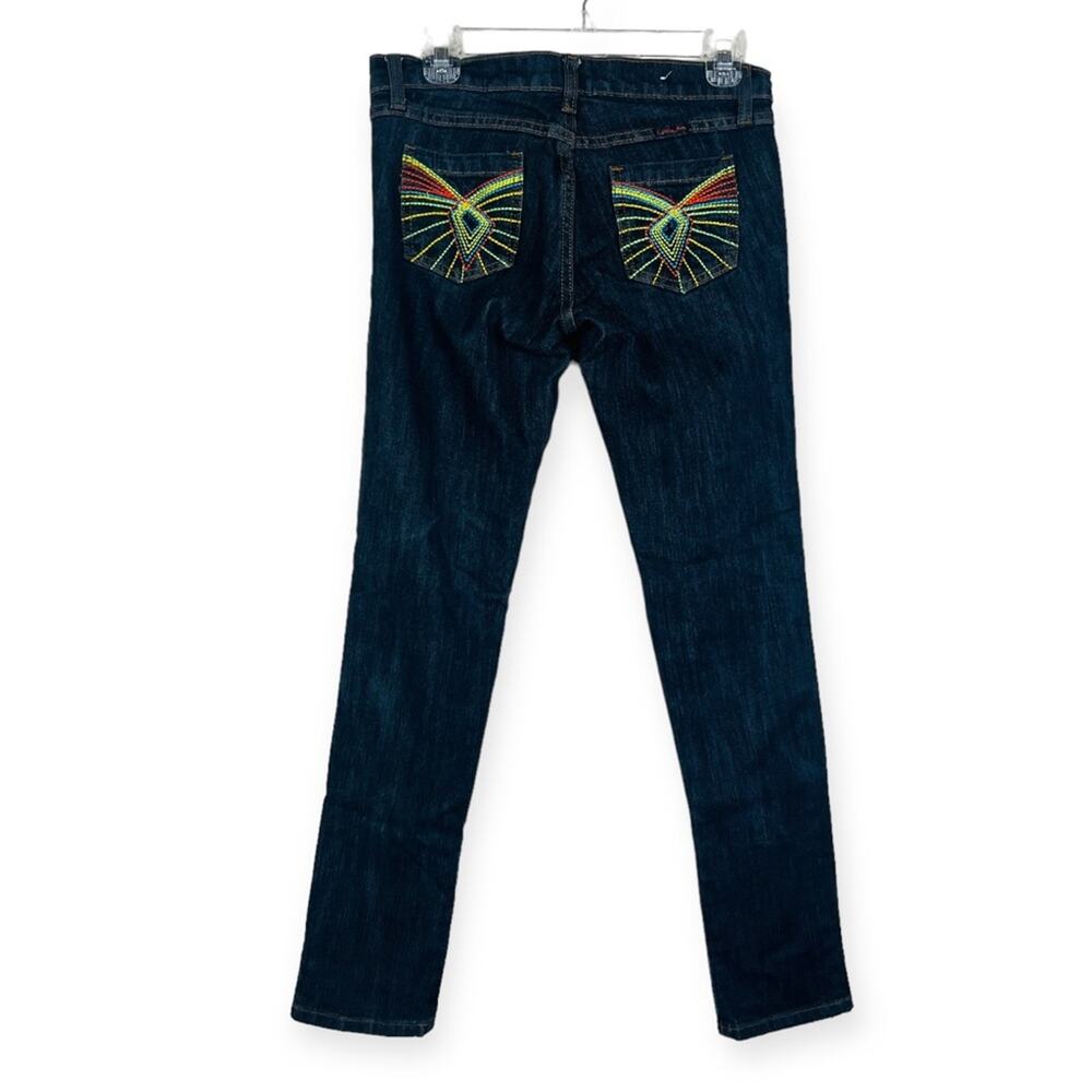 Pacos Jeans Womens Blue Rainbow Embroidered Low Rise Jeans Y2K Sz5 JUNIORS/ 26
